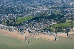 Prints of Hastings, East Sussex. Aerial view of the historic town, which was one of the medieval Cinque Ports. Photographed in September 2015 England from the Air - Landscapes, Cities and Heritage: Aerial View of Hastings Town Print