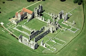 Prints of CASTLE ACRE PRIORY, Norfolk. Aerial view Norfolk Prints: Castle Acre Priory Print, Aerial View