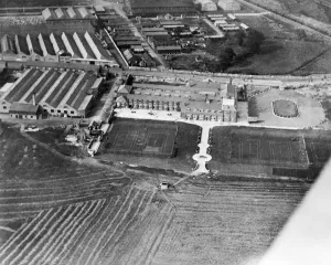 Print of a 1919 aerial photograph showing the London Aerodrome at Hendon