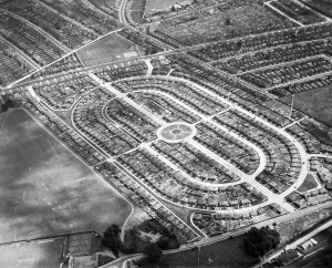 Prints of Pennine Drive, Golders Green. Aerial view. A housing estate built by John Laing and Co. in June 1930. Attractive new housing estates were a source of pride for house builders. Photographed in 1932 House And Home Prints: Pennine Drive Housing Estate Print (Aerial View)