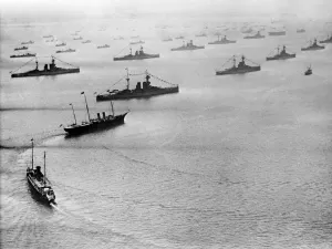 Prints of REVIEW OF THE FLEET, Spithead, Portsmouth. The Spithead Review in July 1924, at which George V presented colours to the Royal Navy Historic Images 1920s To 1940s Prints: Print of a 1924 aerial photograph showing the Spithead Review