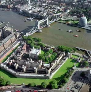 Prints of TOWER OF LONDON, TOWER BRIDGE and GREATER LONDON AUTHORITY BUILDING, London. Aerial view Transport and Waterways in England - Railways, Canals and Roads: Tower of London and Tower Bridge Aerial Print