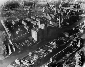 Prints of WORCESTER. Aerial view of the Diglis area of Worcester, adjacent to the Worcester and Birmingham Canal Worcestershire Prints: Aerial view of Worcester factories, 1921 print