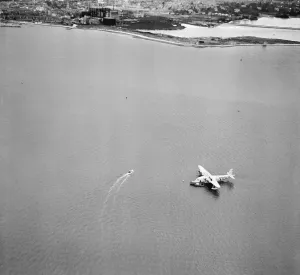 South-West England - Aerial Views: Print of Golden Hind seaplane at anchor in Poole Harbour