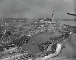 Prints of The Dock Tower, Royal and No 1 Fish Docks, Grimsby, North East Lincolnshire. Photographed by Aerofilms Ltd in 1925 Country Prints: Grimsby Docks Print, 1925: The Dock Tower and Fish Docks