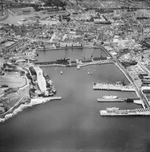 South-West England - Aerial Views: Print of a 1953 aerial photograph of the Great Western Docks in Plymouth