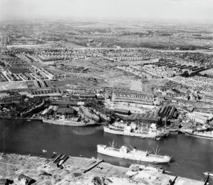 Prints of The Neptune Shipyard on the River Tyne, Walker, Newcastle-upon-Tyne, from the east. Photographed by Aerofilms Ltd in September 1947 Northern Ireland Prints: Print of the Neptune Shipyard on the River Tyne