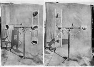 <b class=qtipBold><figcaption>Air raid warning device BL24100</figcaption></b><br>Copy of two photographs showing a sound detector. During the First World War acoustic detection devices were used to warn of enemy aircraft. The photographs were taken for the Ministry of Munitions. Bedford Lemere, 1918.<br><em>© Historic England</em> Air raid warning device BL24100