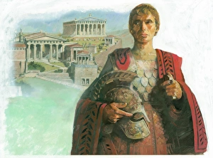<b class=qtipBold><figcaption>Ancient Greece IC132_005</figcaption></b><br>An ancient Greek warrior and/or statesman, possibly Pericles, with the Acropolis in Athens in the background. Illustration by Ivan Lapper, 1990s.<br><em>© Historic England Archive</em> Ancient Greece IC132_005