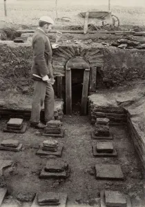 Prints of Darenth Court Roman Villa, Darenth, Kent. The dig director George Payne standing amongst the archaeological excavations 1894-1895 Bath Prints: Darenth Court Roman Villa Print, 1894-1895