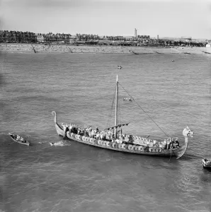 Print of Viking ship replica at sea off Eastbourne, East Sussex