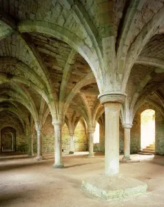 Prints of BATTLE ABBEY, East Sussex. Interior view. Vaulted north chamber of the East Range which was perhaps the Monks Common Room East Sussex Prints: Battle Abbey Print - Vaulted North Chamber Interior