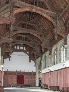Prints of ELTHAM PALACE, London. Interior. The Great Hall, built for Edward IV in the 1470s and restored by the Courtaulds in the 1930 s. View from south east Historic Landmark Prints: Print of the Great Hall at Eltham Palace, London