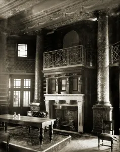Prints of NATIONAL LIBERAL CLUB, Whitehall Place, City of Westminster, London. Interior detail of the fireplace and dais in the Gladstone Library, December 1887 Victoriana Prints: Print of the Gladstone Library fireplace and dais
