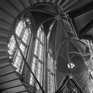 Prints of ST PANCRAS HOTEL, London. Interior of the Midland Grand Hotel at St Pancras looking up towards the stone vaulted ceiling above the grand staircase. Photographed by John Gay. Date range: 1960-1972 Victorian Architecture Prints: Print of St. Pancras Hotel staircase, a062211