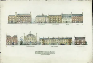 Prints of South Brink, Wisbech, Fenland, Cambridgeshire. Labelled sheet showing exterior elevations of the buildings along South Brink, looking south west from 6 South Brink to The Woodlands Cambridgeshire Prints: South Brink Wisbech Print, 1944 architectural illustration