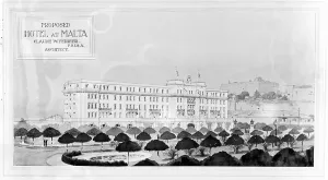 Prints of The Phoenicia Hotel, Valetta, Malta. A photographic reproduction of an architect's drawing of a proposed hotel in Malta. This hotel, designed by Claude W Ferrier, was probably never built Architecture in England - Historic and Modern Buildings: Print of an architect's drawing for the Phoenicia Hotel in Valetta, Malta