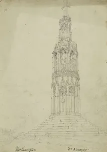 Prints of Eleanor Cross, London Road, Hardingstone, Northampton. Pencil drawing signed by William Alexander (d.1815). Artwork collected by C G Harper Northamptonshire Prints: Eleanor Cross Print, Northampton