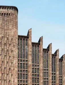 Prints of St Michaels Cathedral, Coventry, West Midlands. Exterior, roof detail of the new Cathedral by Basil Spence from the south West Midlands Prints: Print of Coventry Cathedral's Modern South Roof