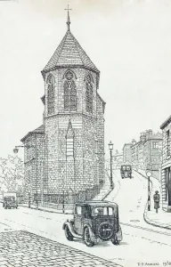 Prints of Our Lady and St Paulinus Church, Dewsbury, Kirklees, West Yorkshire. Pen and ink sketch, by Peter Anson, showing exterior from the street, with car. 1938 West Yorkshire Prints: Print of Our Lady and St Paulinus Church exterior, Dewsbury