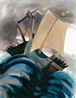 <b class=qtipBold><figcaption>Battle of Winchelsea IC257_009</figcaption></b><br>Conjectural reconstruction drawing by Judith Dobie showing the English Cog Thomas ramming a Castilian ship, ordered to do so by King Edward III, during the Battle of Winchelsea in 1350, also known as the Battle of L'Espagnols Sur Mer.<br><em>© Historic England Archive</em> Battle of Winchelsea IC257_009