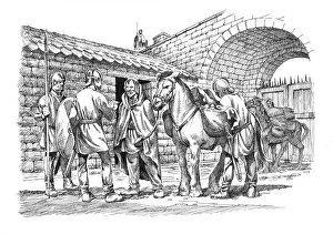 <b class=qtipBold><figcaption>Border post IC048/028</figcaption></b><br>Hadrian's Wall. Reconstruction line drawing of a traveller and his horse being assessed by Roman soldiers on the southern side of Knag Burn Gateway. The gateway was one of the few gates through Hadrians Wall unattached to a milecastle or fort. Attributed to Philip Corke. c.1985 - c.2000.<br><em>© Historic England</em> Border post IC048/028