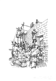 <b class=qtipBold><figcaption>Building Hadrians Wall IC048_066</figcaption></b><br>Hadrian's Wall. Reconstruction line drawing of soldiers working to build a turret on the Roman wall, in about 122AD. Based on Willowford East Turret (48a). Philip Corke. c.1985 - c.2000. hadrian<br><em>© Historic England</em> Building Hadrians Wall IC048_066