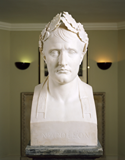 <b class=qtipBold><figcaption>Bust of Napoleon J890110</figcaption></b><br>CHISWICK HOUSE, Burlington Lane, Hounslow, London. Marble bust of Napoleon c.1804 as Emperor of France. Crowned with a laurel wreath in antique Roman style. Made by Bertel Thorwaldsen (1770-1884) after an original by A.D.Chaudet (1763-1810).<br><em>© Historic England</em> Bust of Napoleon J890110