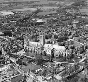 <b class=qtipBold><figcaption>Canterbury Cathedral EAW004809</figcaption></b><br>CANTERBURY CATHEDRAL, Kent. Canterbury is the seat of the premiere Archbishop of the Church of England, and the Cathedral has attracted pilgrims from an early date, most famously the characters in Chaucer's Canterbury Tales. The city was bombed heavily during the war, unmasking evidence of the Roman town that underlies the Canterbury we see today. Aerial photograph taken in April 1947. Aerofilms Collection (see Links).<br><em>© Historic England</em> Canterbury Cathedral EAW004809