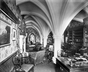 <b class=qtipBold><figcaption>Chicksands Priory BL11946</figcaption></b><br>CHICKSANDS PRIORY, Shefford, Bedfordshire. Interior of Sir Algernon Osborn's study view to Dining Room, showing medieval vaulting from the original Gilbertine Priory. Photographed by Bedford Lemere for Sir Algernon and the architect (Herbert Hawks) in 1893. Chicksands was acquired by the Crown in 1936 and was used by the RAF and subsequently the USAF until 1995. It is now in private use but is opened to the public on specific days by appontment with the Friends.<br><em>© Historic England</em> Chicksands Priory BL11946