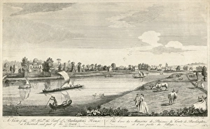 <b class=qtipBold><figcaption>Chiswick House engraving N110152</figcaption></b><br>CHISWICK HOUSE, Burlington Lane, Hounslow, London. "A View of the Rt Hon the Earl of Bulington's House at Chiswick and part of the Town". Caption also in French. Engraving dated 1750. MAYSON BEETON COLLECTION<br><em>© Historic England</em> Chiswick House engraving N110152