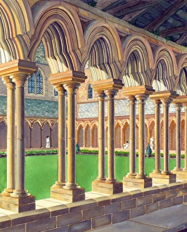 <b class=qtipBold><figcaption>Cloister IC041_002</figcaption></b><br>FURNESS ABBEY, Cumbria. Reconstruction drawing, by Claire Thorne, depicting the cloister at Furness Abbey, as it may have appeared from about the mid-thirteenth century onwards.<br><em>© Historic England Archive</em> Cloister IC041_002