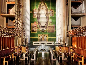 <b class=qtipBold><figcaption>Coventry Cathedral DP082327</figcaption></b><br>Cathedral Church of St Michael, Priory Street, Coventry, Warwickshire. Chancel and tapestry by Graham Sutherland.<br><em>© Historic England</em> Coventry Cathedral DP082327