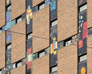 <b class=qtipBold><figcaption>Coventry Central Library DP164637</figcaption></b><br>Coventry Central Library, Smithford Way, Coventry, West Midlands. Exterior detail of coloured mosaic tiles viewed from the north east.<br><em>© Historic England</em> Coventry Central Library DP164637