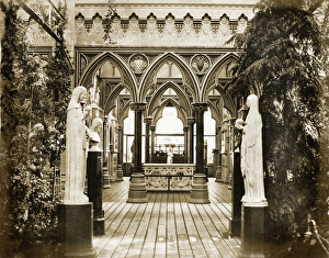 <b class=qtipBold><figcaption>Crystal Palace DP004632</figcaption></b><br>CRYSTAL PALACE, Sydenham, London. The entrance to the Medieval Vestibule, designed by Augustus Pugin (1812-1852), the renowned architect and writer who championed medieval craftsmanship and style against the Classical, influencing the Gothic Revival movement. Photographed in 1859 by Philip Henry Delamotte.<br><em>© Historic England</em> Crystal Palace DP004632