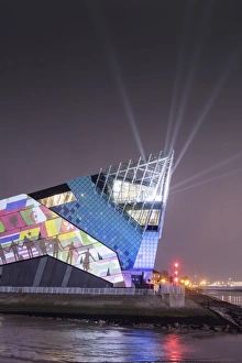 <b class=qtipBold><figcaption>The Deep DP174294</figcaption></b><br>THE DEEP, Tower St, Hull, East Yorkshire. General view of aquarium and light show for opening of Hull City of Culture, view from west.<br><em>© Historic England Archive</em> The Deep DP174294