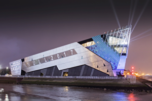 <b class=qtipBold><figcaption>The Deep DP174295</figcaption></b><br>THE DEEP, Tower St, Hull, East Yorkshire. General view of aquarium and light show for opening of Hull City of Culture, view from west.<br><em>© Historic England Archive</em> The Deep DP174295