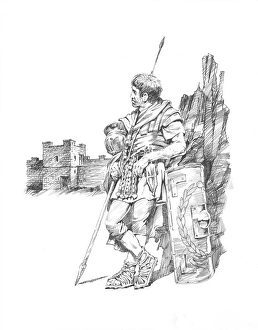 <b class=qtipBold><figcaption>At ease IC048/030</figcaption></b><br>Hadrian's Wall. Reconstruction line drawing of a Roman soldier resting, with shield and pilum. Location based on Black Carts Turret (29a). Attributed to Philip Corke. c.1985 - c.2000. hadrian<br><em>© Historic England</em> At ease IC048/030