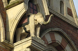 <b class=qtipBold><figcaption>Elephant in niche DP033960</figcaption></b><br>Elephant Tea Rooms, 64 - 66 Fawcett Street, Sunderland. Elephant in niche.<br><em>© Historic England</em> Elephant in niche DP033960