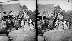 <b class=qtipBold><figcaption>Elephant rides CC97_00710</figcaption></b><br>Zoological Gardens, Regents Park, London. Stereoscopic view showing members of the public mounting an elephant for a ride. Photographed by York & Son, 1870-1900.<br><em>© Historic England</em> Elephant rides CC97_00710