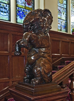 <b class=qtipBold><figcaption>Elephant sculpture DP130353</figcaption></b><br>The Worshipful Company of Cutlers, Cutlers Hall, Warwick Lane, City of London. Main stair with elephant newel post.<br><em>© Historic England</em> Elephant sculpture DP130353