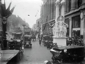 Prints of Selfridges, Oxford Street, Marylebone, City of Westminster, Greater London World War I And II Prints: Selfridges Print, a photograph of Oxford Street decorations