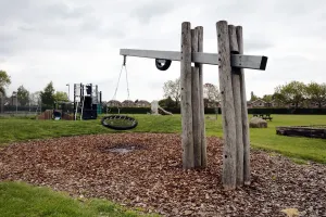 Prints of Norwood Playing Field, Parkhall Road, Somersham, Huntingdonshire, Cambridgeshire. A view looking across the empty childrens playground at Norwood Playing Field, during the Covid-19 lockdown Huntingdonshire Prints: Empty Children's Playground Print, Norwood Playing Field