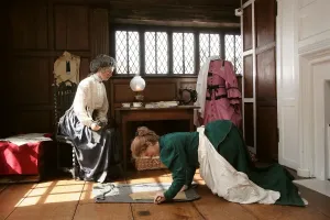 Prints of GREAT YARMOUTH ROW HOUSES, Norfolk. Old Merchants House. Interior view. Mannequins on display in room on the first floor. Period scene c.1870 House And Home Prints: Great Yarmouth Row Houses Print