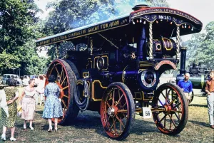 Prints of A steam traction engine being inspected by members of the public, during an event in the grounds of Woburn Abbey, Bedfordshire in 1956 Bedfordshire Prints: Print of a 1904 Charles Burrell and Sons showman's road locomotive
