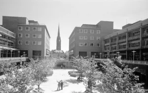 Prints of Upper Precinct, Coventry, West Midlands. General view of the shopping precinct in Coventry with the cathedral spire in the distance. Photographed by Eric de Mare in the 1960s West Midlands Prints: Upper Precinct Print: A 1960s photograph of Coventry's shopping precinct