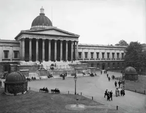 Prints of University College, Gower Street, London. The quadrangle with male and female students, showing the pedimented portico and observatories. Photographed around 1915 for Campbells Press Studio Related Prints: University College London Print: 1915 Quadrangle Scene