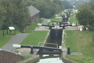 Prints of A closely-spaced flight of narrow locks on the Stourbridge Canal. Known locally as Nine Locks although only eight now remain. IoE 217976 Victoriana Prints: Delph Locks Print, Stourbridge Canal