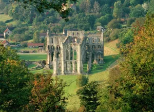 Prints of RIEVAULX ABBEY, North Yorkshire. View down onto the abbey, seen from Rievaulx Terrace North Yorkshire Prints: Rievaulx Abbey Print: View from Rievaulx Terrace
