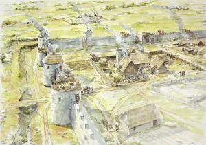 Prints of PORTCHESTER CASTLE, Hampshire. Reconstruction drawing of Saxon settlement of late 10th century by Peter Dunn, English Heritage Graphics Team Castle Prints: Print of Portchester Castle's Saxon settlement reconstruction